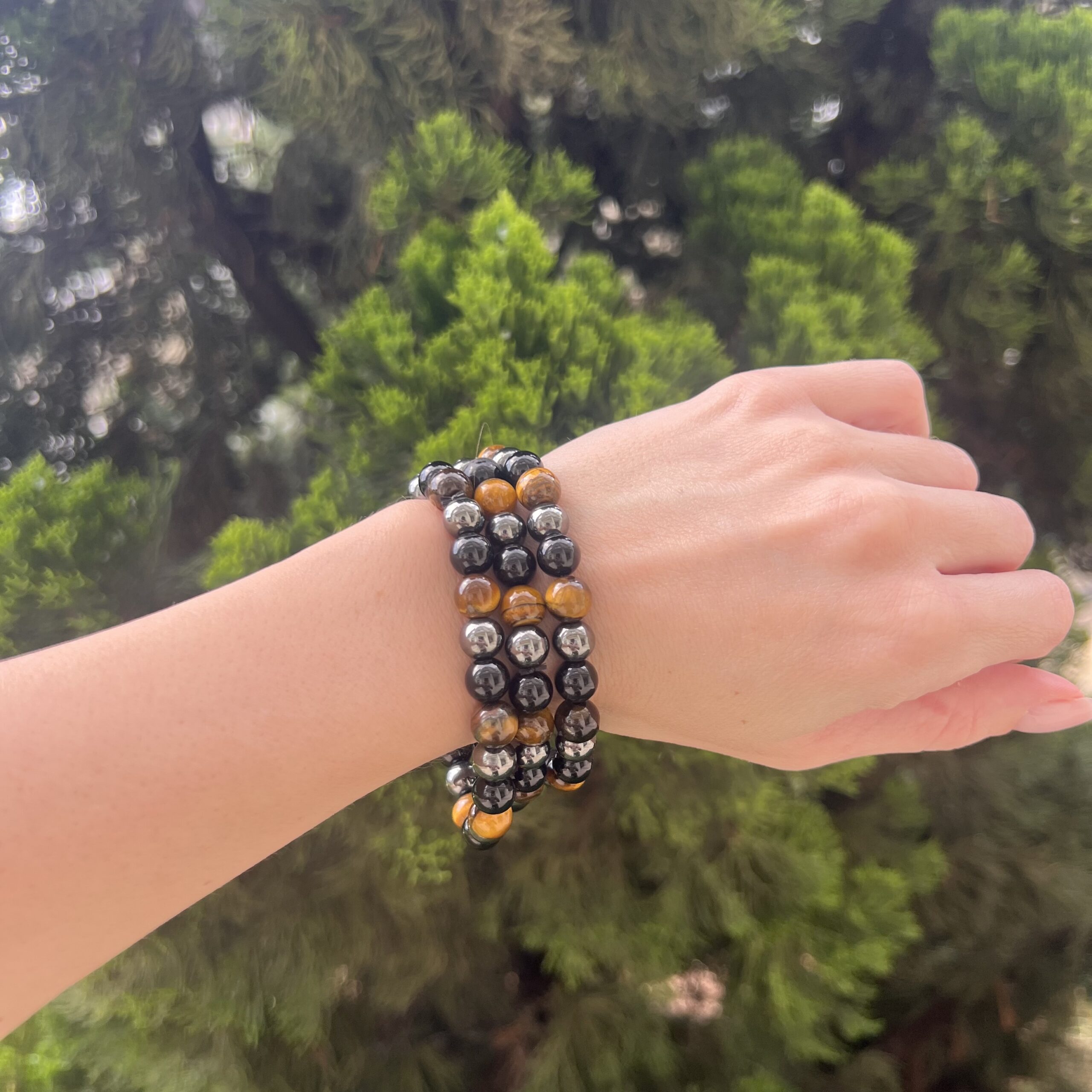 Trio de Pulseiras - Olho de Tigre, Hematita e Ágata Negra