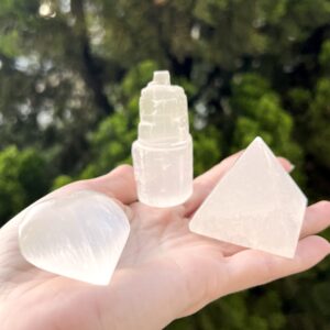 Trio de Selenita - Torre, Coração e Pirâmide